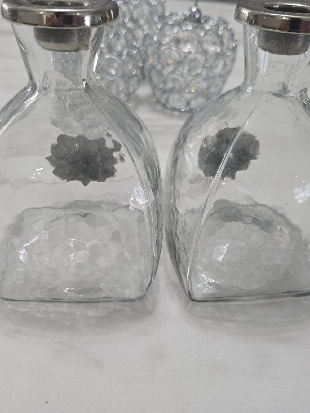 ❤️❤️❤️Clear Glass Decorative Bottles with Silver Floral Accents (Set of 2) - Picture 6 of 7